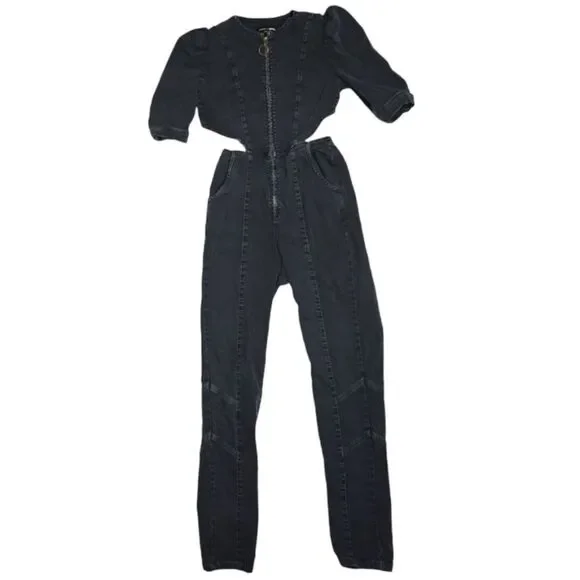 RETROFETE‎ black denim puff sleeve Kiara utility jumpsuit XS